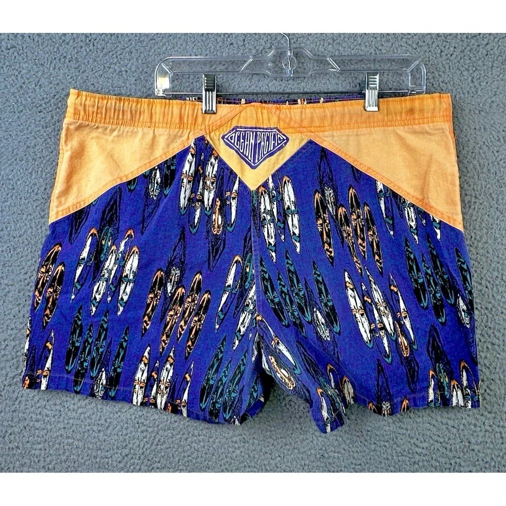 VTG Ocean Pacific OP Board Swim Trunks Mens Large Purple Orange Embroidered